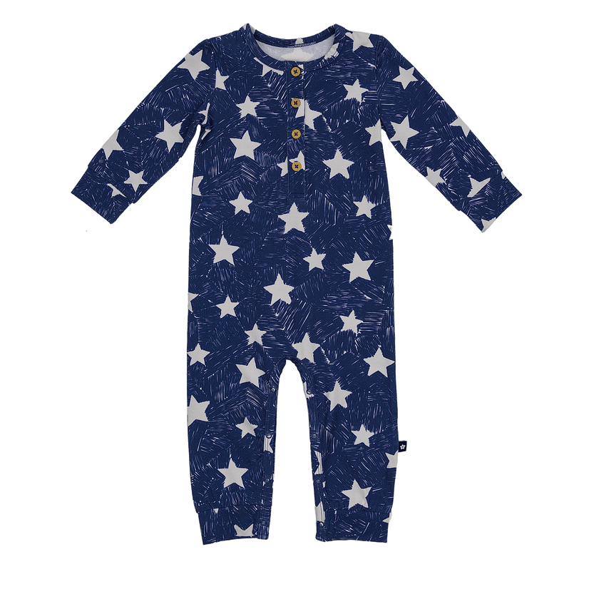 Long Sleeve Henley Romper in Sky Sparks