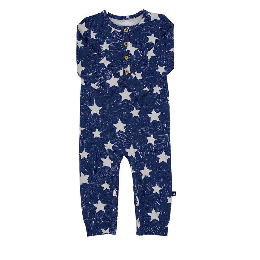 Long Sleeve Henley Romper in Sky Sparks