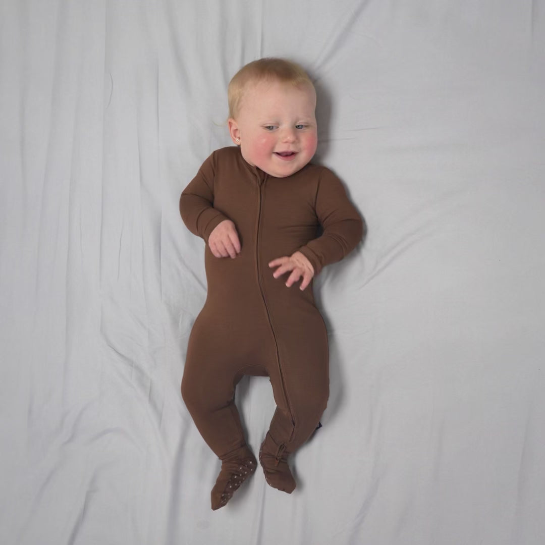 Larkspur Baby Zip Footie in Chestnut